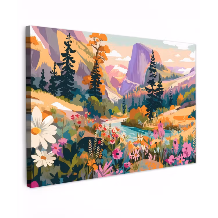 Canvas schilderij - Rivier - Vallei vol bloemen - Levendig — 1