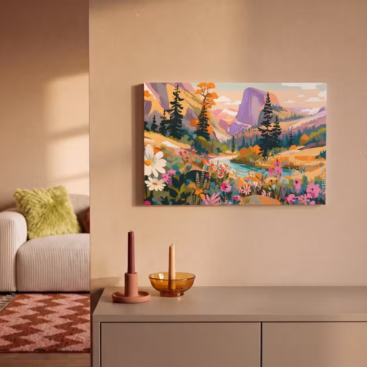 Canvas schilderij - Rivier - Vallei vol bloemen - Levendig — 2