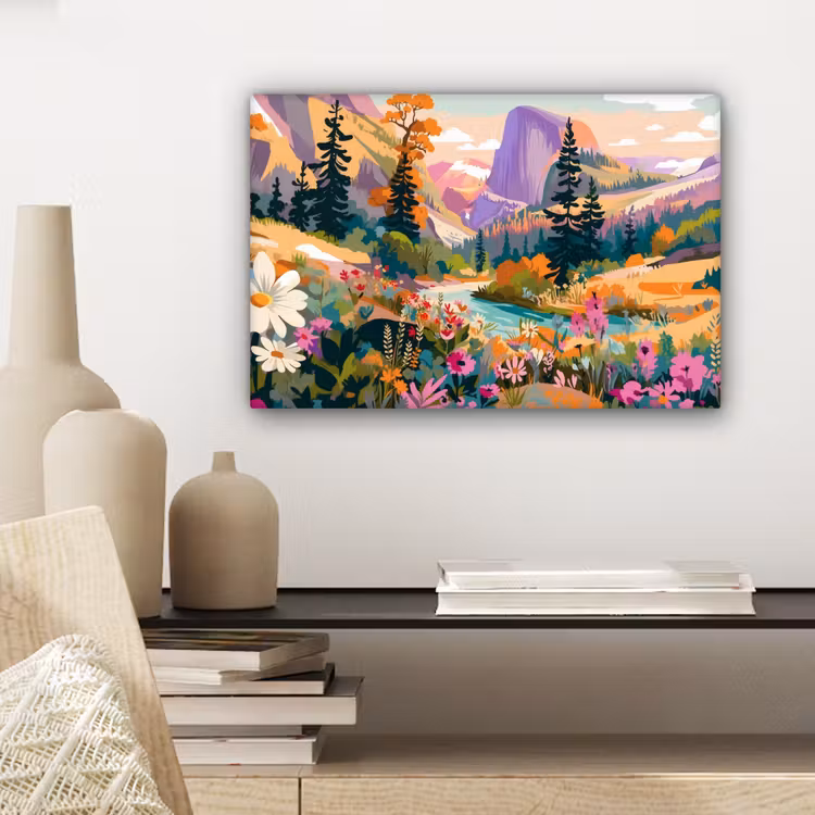 Canvas schilderij - Rivier - Vallei vol bloemen - Levendig — 5