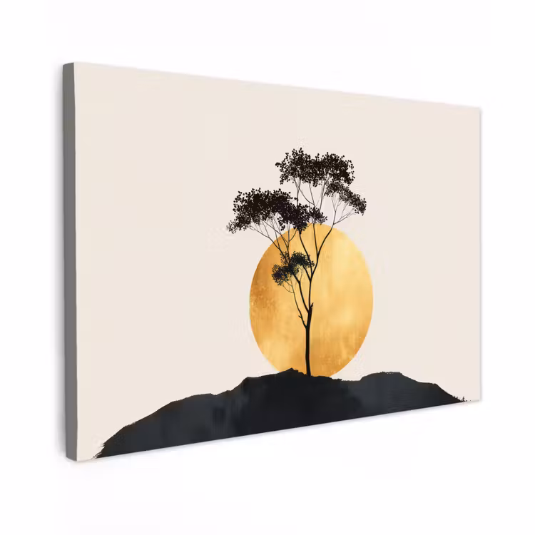 Canvas schilderij - Zwarte boom - Gouden cirkel - Heuvel — 1