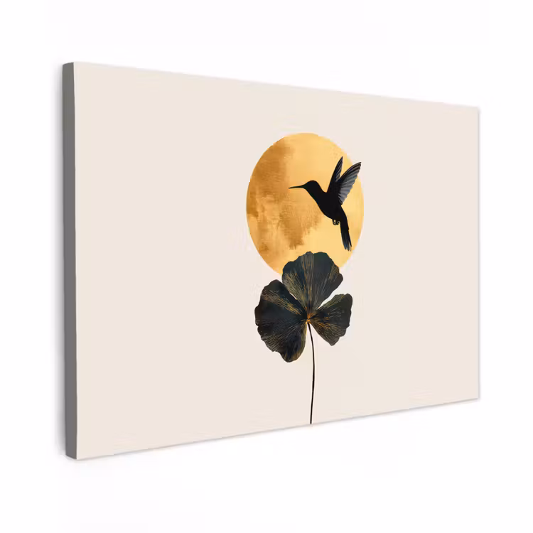 Canvas schilderij - Zwarte kolibrie - Bloem - Gouden cirkel — 1