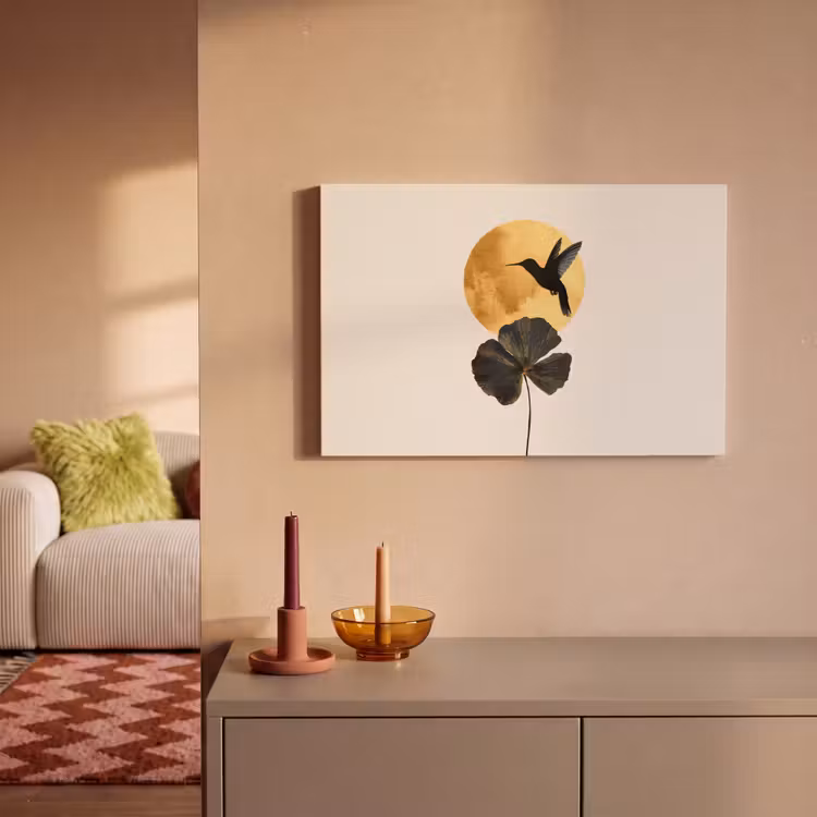 Canvas schilderij - Zwarte kolibrie - Bloem - Gouden cirkel — 2