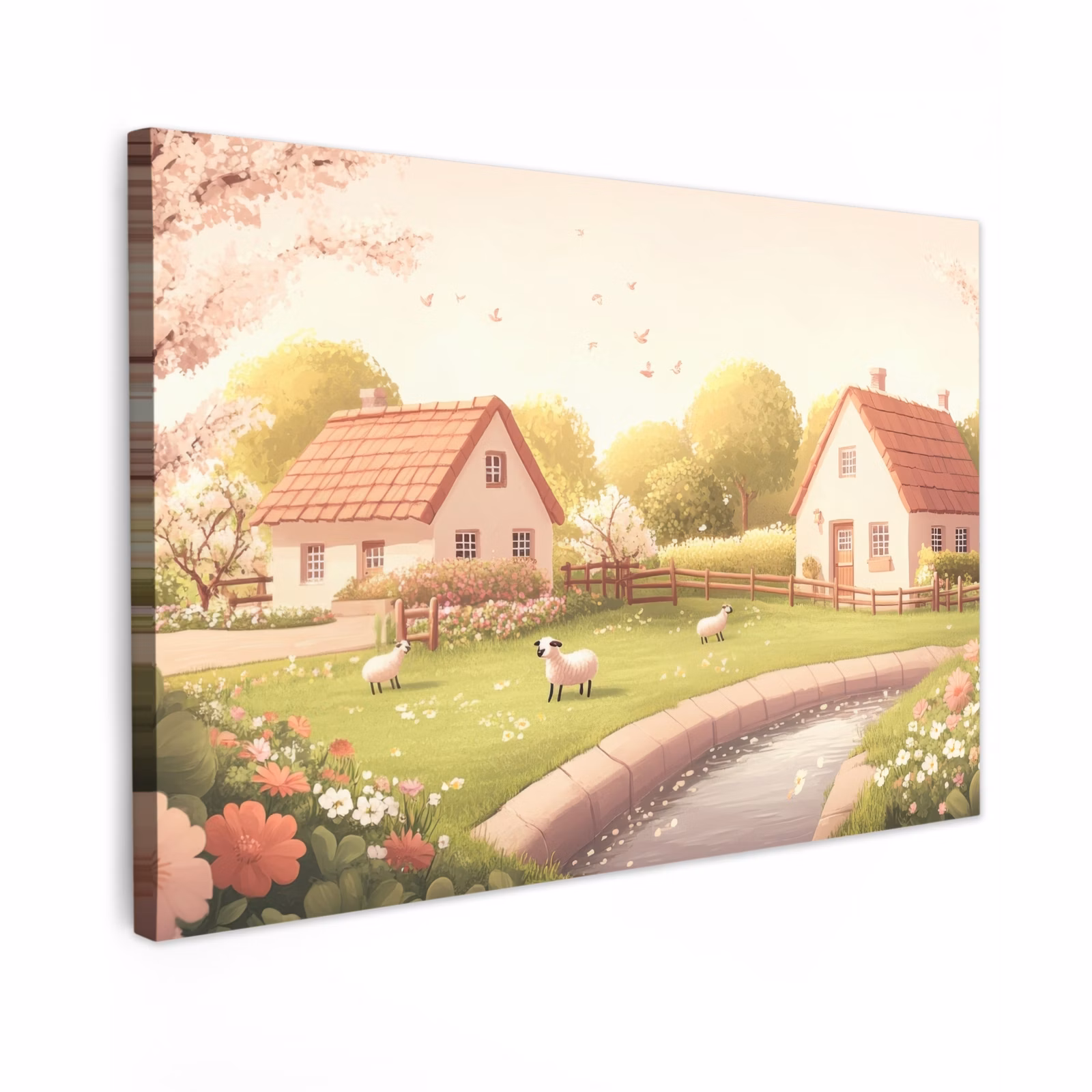 Canvas schilderij - Schapen - Huisje - Platteland — 1
