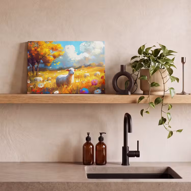 Canvas schilderij - Schaap - Weide - Bloemen — 3