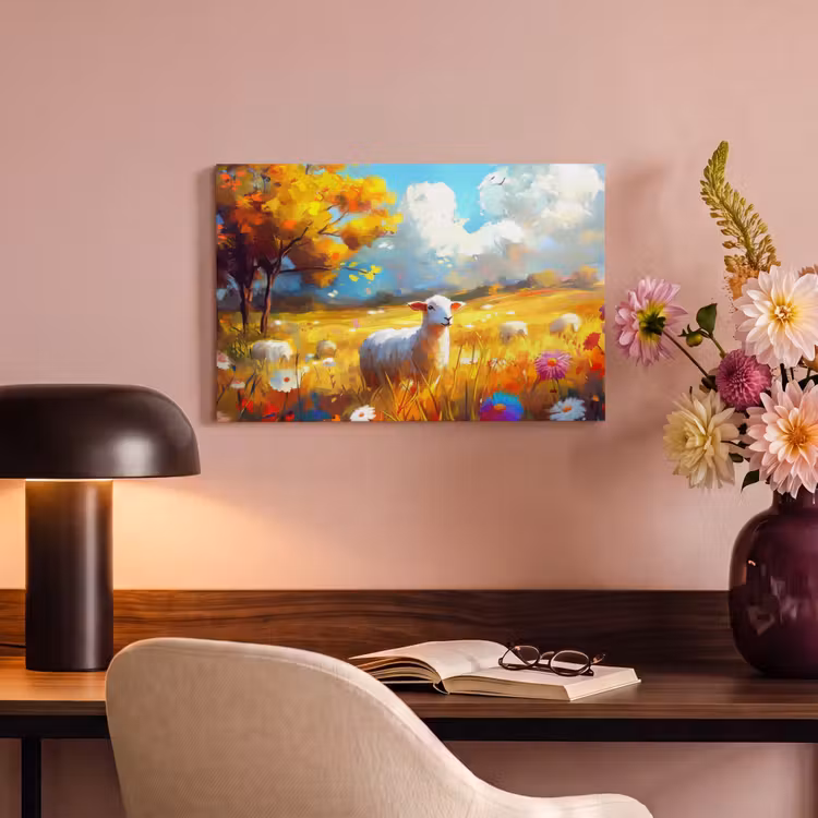 Canvas schilderij - Schaap - Weide - Bloemen — 4