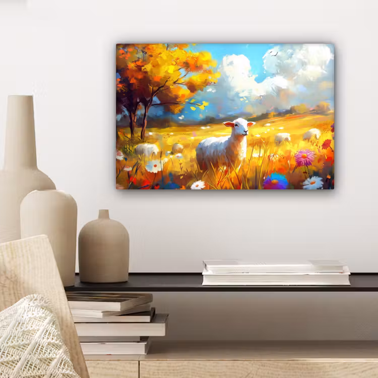 Canvas schilderij - Schaap - Weide - Bloemen — 5