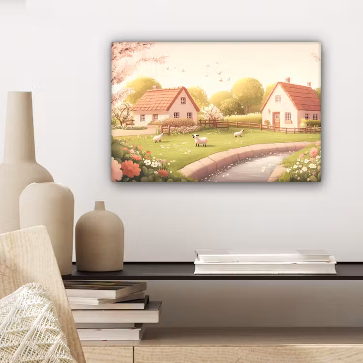 Canvas schilderij - Schapen - Huisje - Platteland — 5