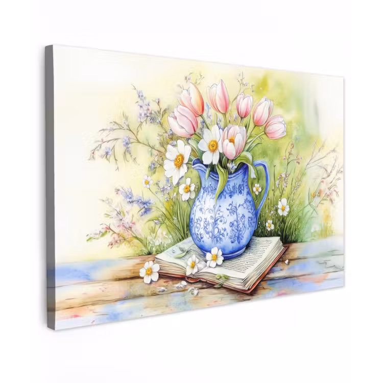 Canvas schilderij - Vaas - Delftsblauw - Madeliefjes — 1