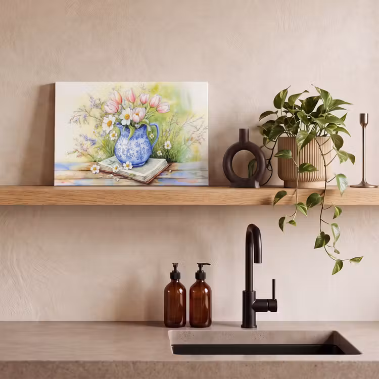 Canvas schilderij - Vaas - Delftsblauw - Madeliefjes — 3