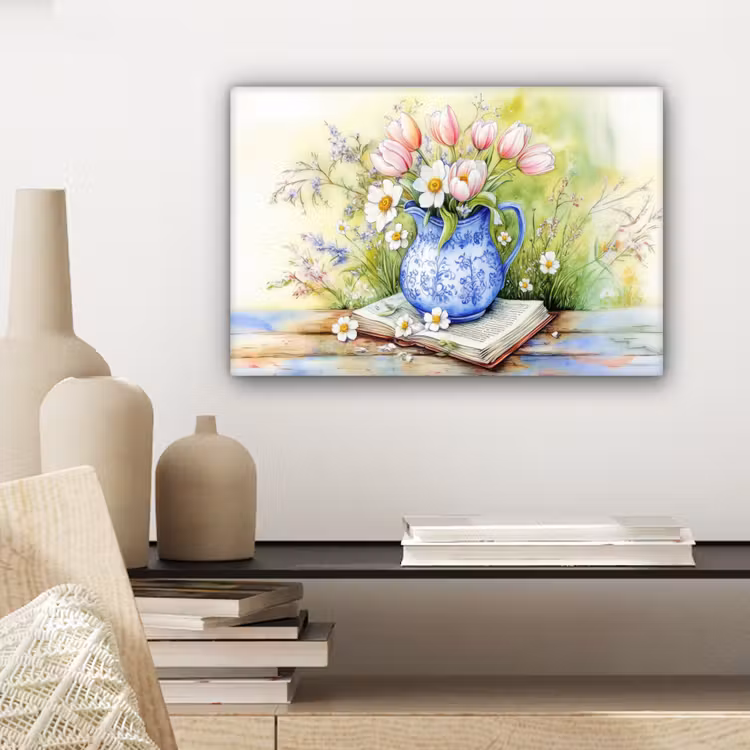 Canvas schilderij - Vaas - Delftsblauw - Madeliefjes — 5