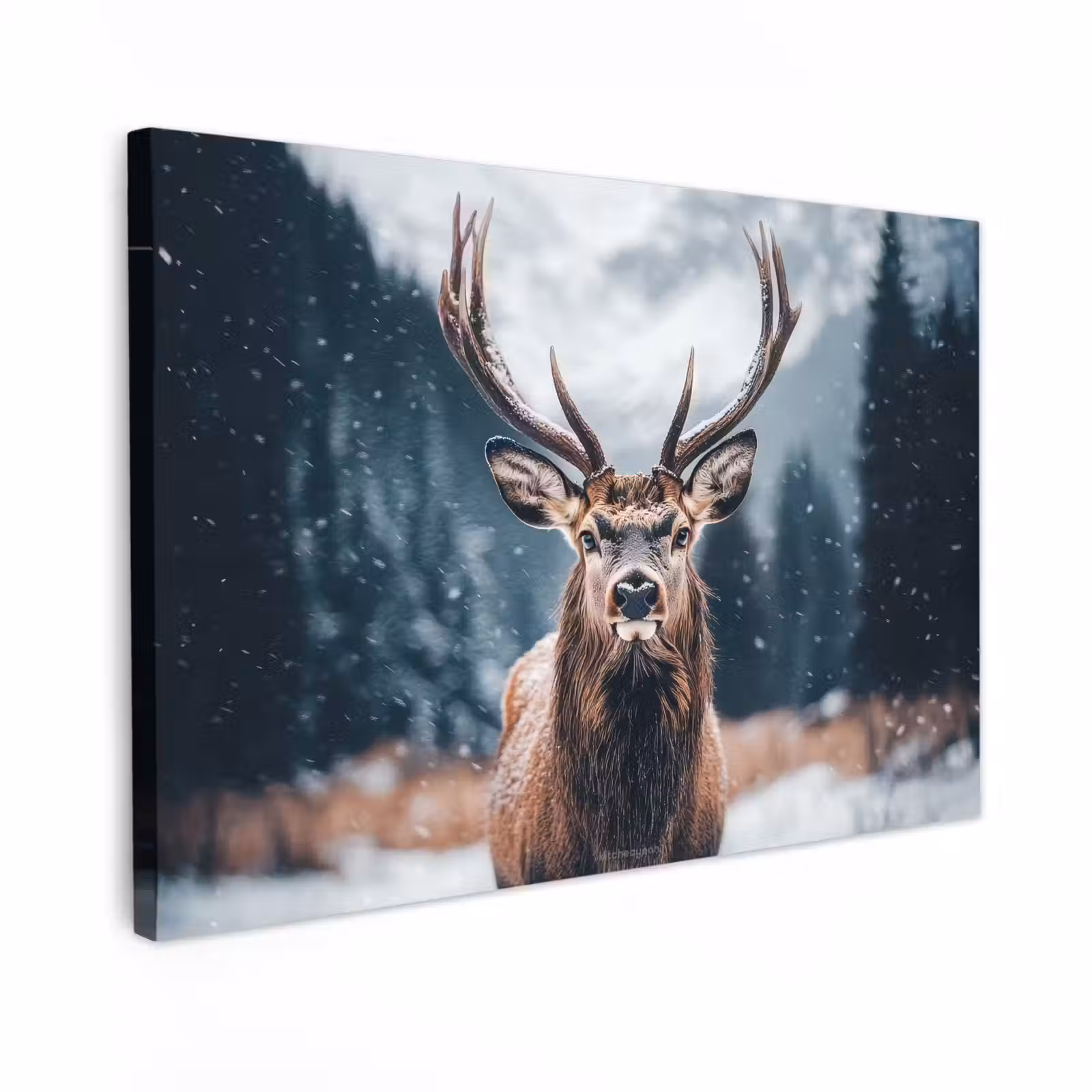 Canvas schilderij - Hert - Winter - Hertenkop - Sneeuw - Gewei — 1