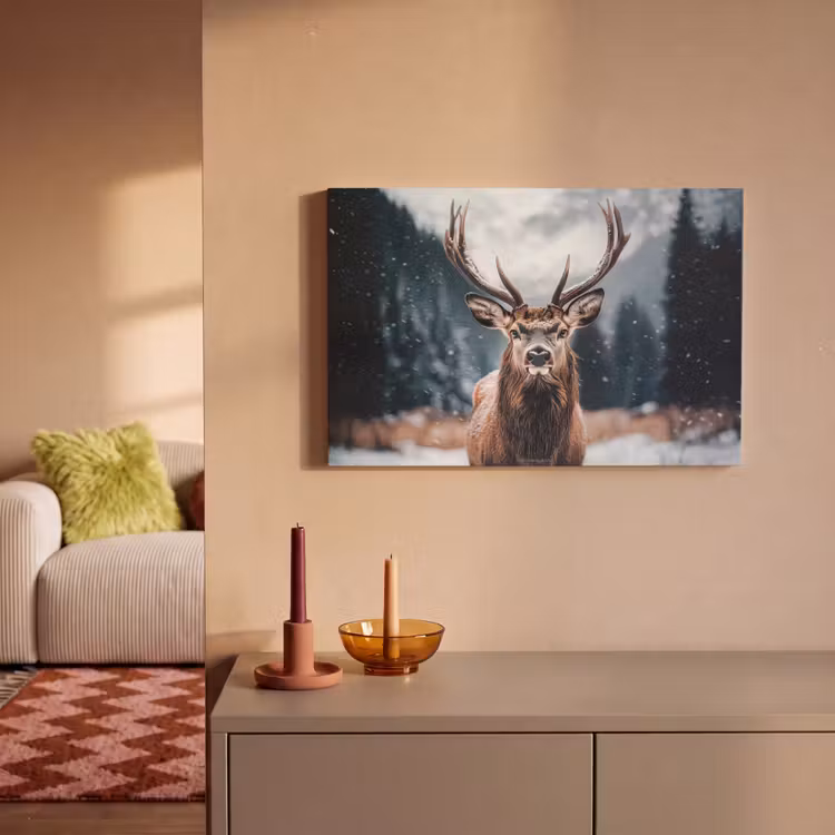 Canvas schilderij - Hert - Winter - Hertenkop - Sneeuw - Gewei — 2