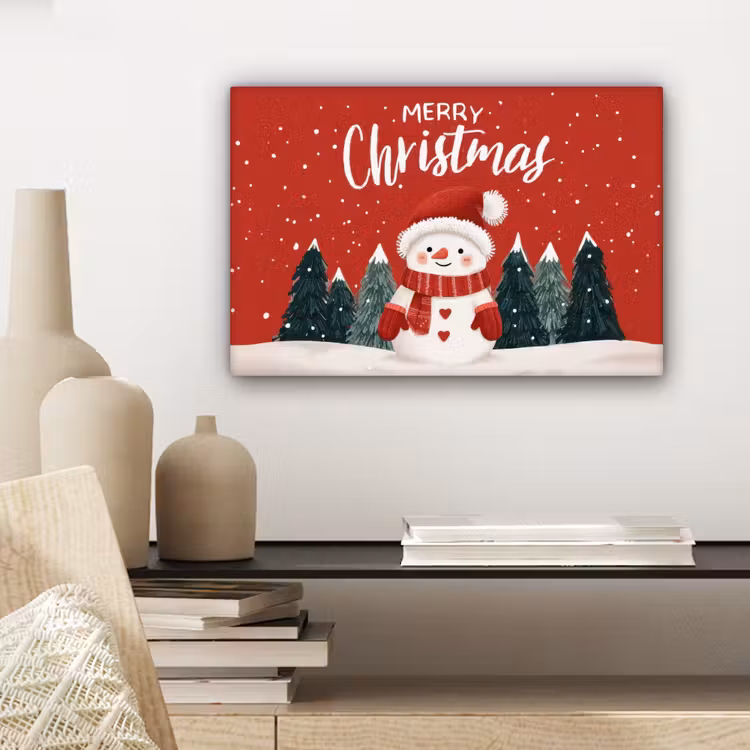 Canvas schilderij - Kerstgroet - Sneeuw - Rood — 5