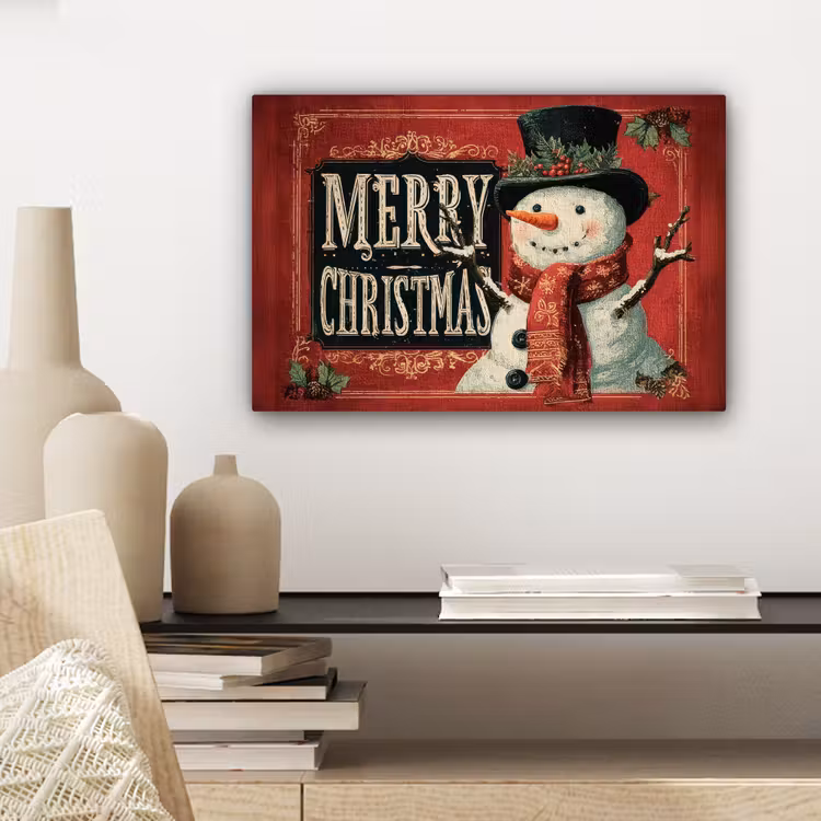 Canvas schilderij - Klassiek - Kerstgroet - Sneeuwpop - Rood — 5