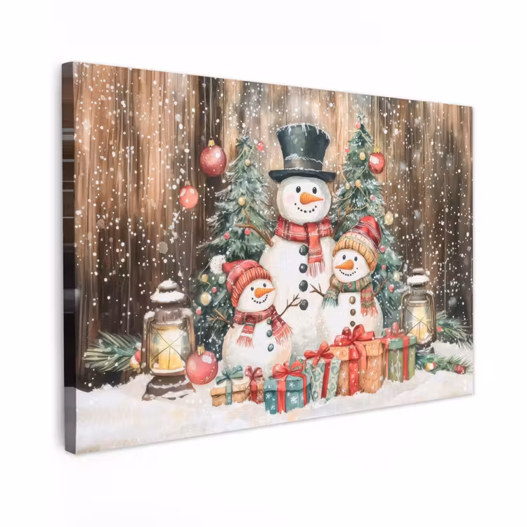 Canvas schilderij - Sneeuwpop - Familie - Kleurrijk — 1