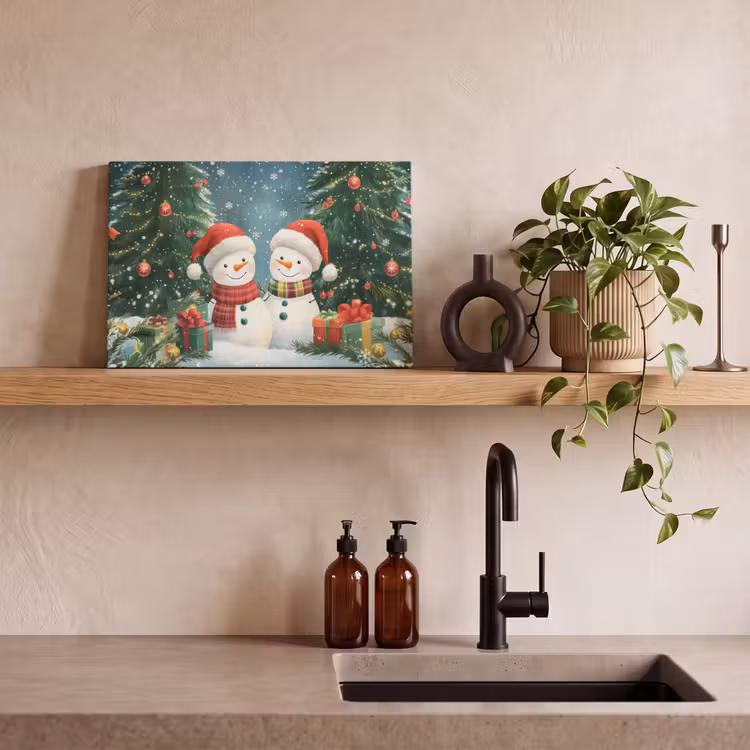 Canvas schilderij - Sneeuwpop - Kerstsneeuw - Groen - Rood — 3