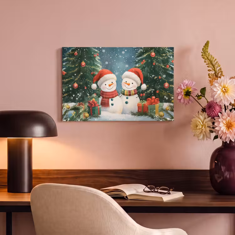 Canvas schilderij - Sneeuwpop - Kerstsneeuw - Groen - Rood — 4