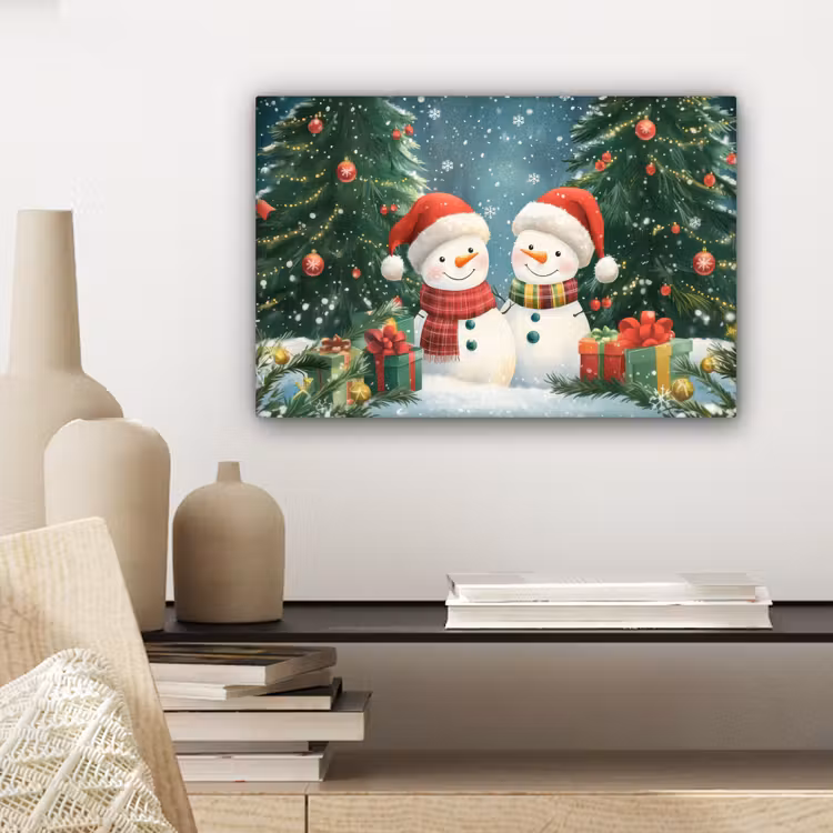 Canvas schilderij - Sneeuwpop - Kerstsneeuw - Groen - Rood — 5