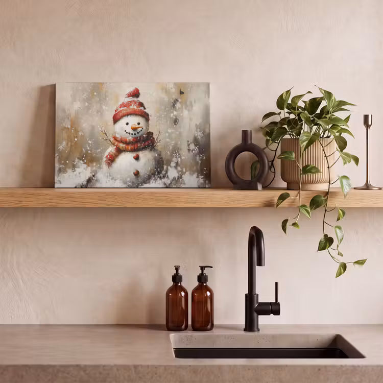 Canvas schilderij - Sneeuwpop - Winter - Sneeuw - Beige — 3