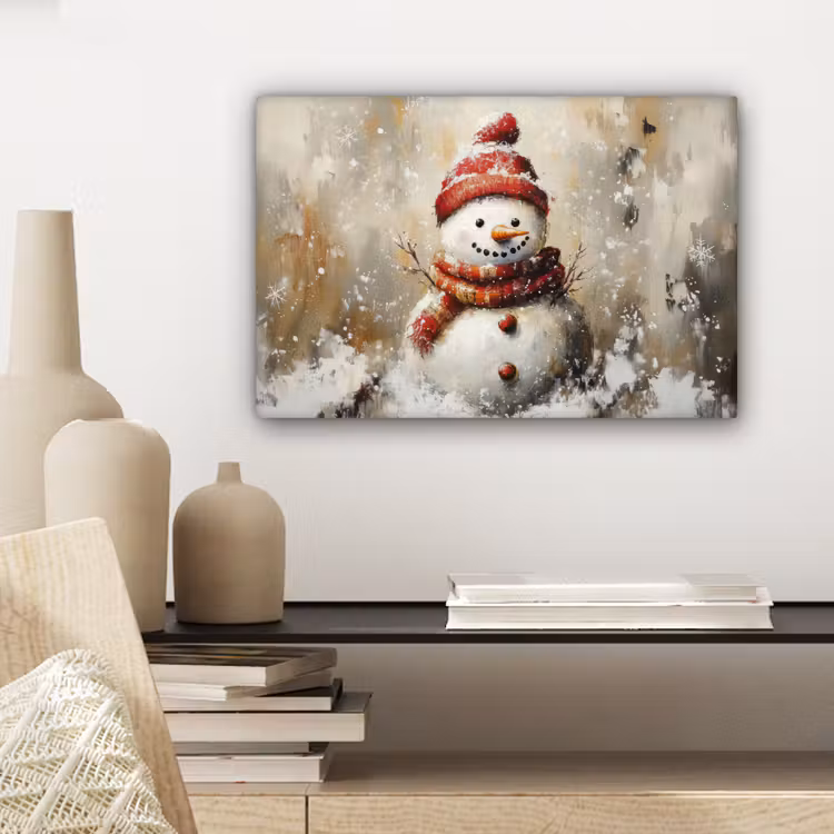 Canvas schilderij - Sneeuwpop - Winter - Sneeuw - Beige — 5