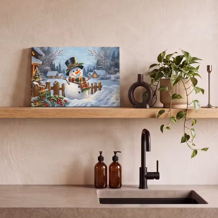Canvas schilderij - Sneeuwpop - Winterdorp - Kleurrijk — 3