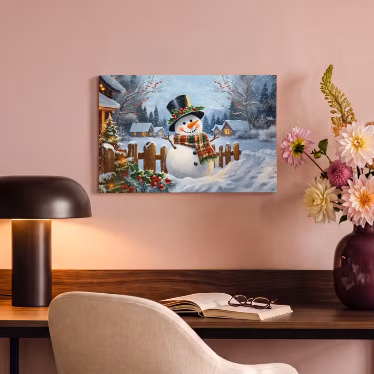 Canvas schilderij - Sneeuwpop - Winterdorp - Kleurrijk — 4