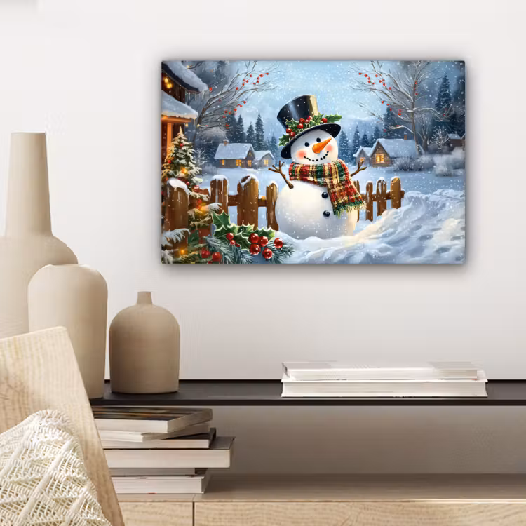 Canvas schilderij - Sneeuwpop - Winterdorp - Kleurrijk — 5