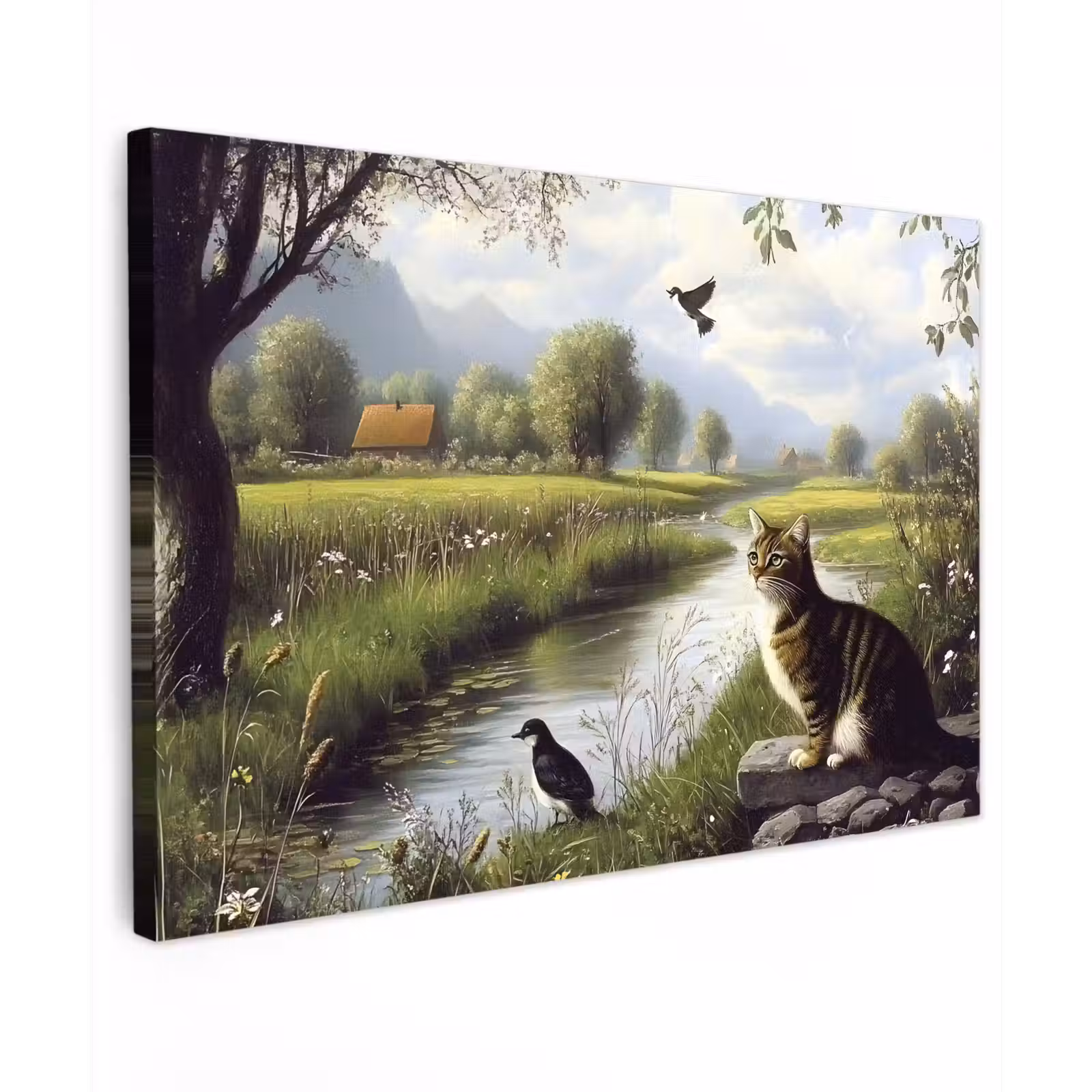 Canvas schilderij - Kat - Beekje - Weide — 1