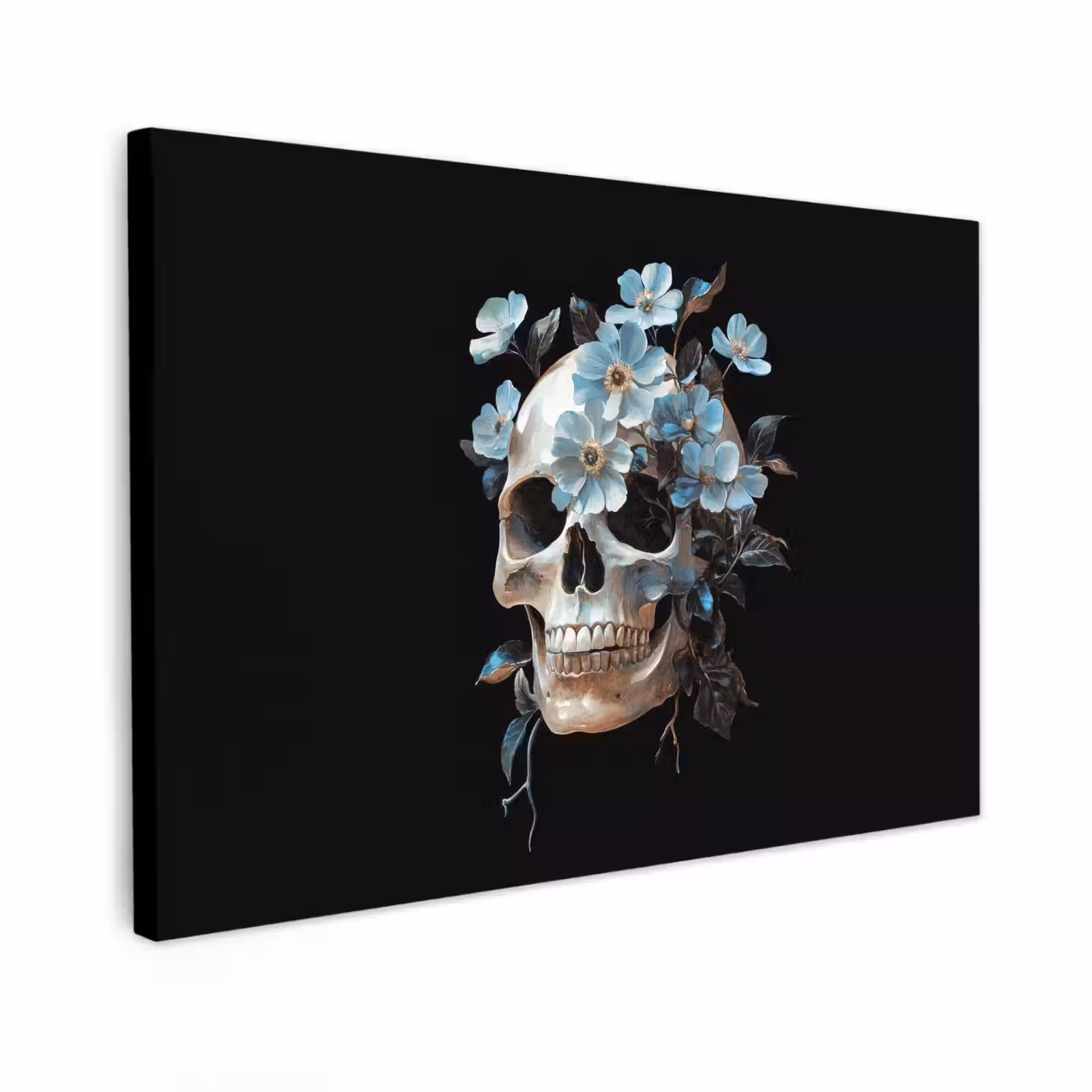 Canvas schilderij - Schedel - Blauw - Bloemen - Bladeren — 1