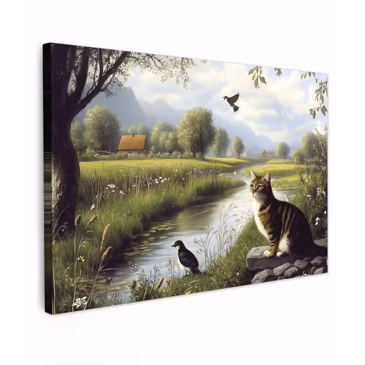 Canvas schilderij - Kat - Beekje - Weide — 1