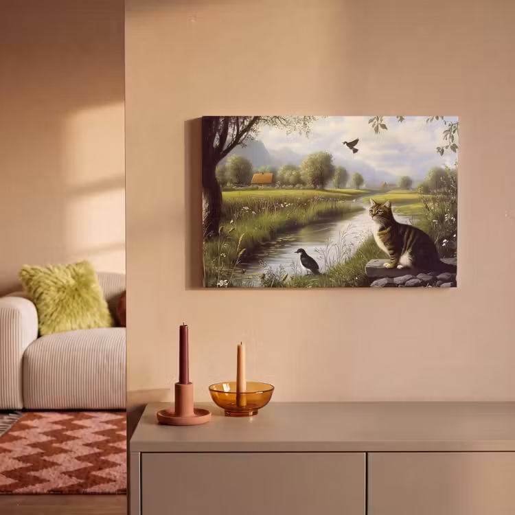 Canvas schilderij - Kat - Beekje - Weide — 2