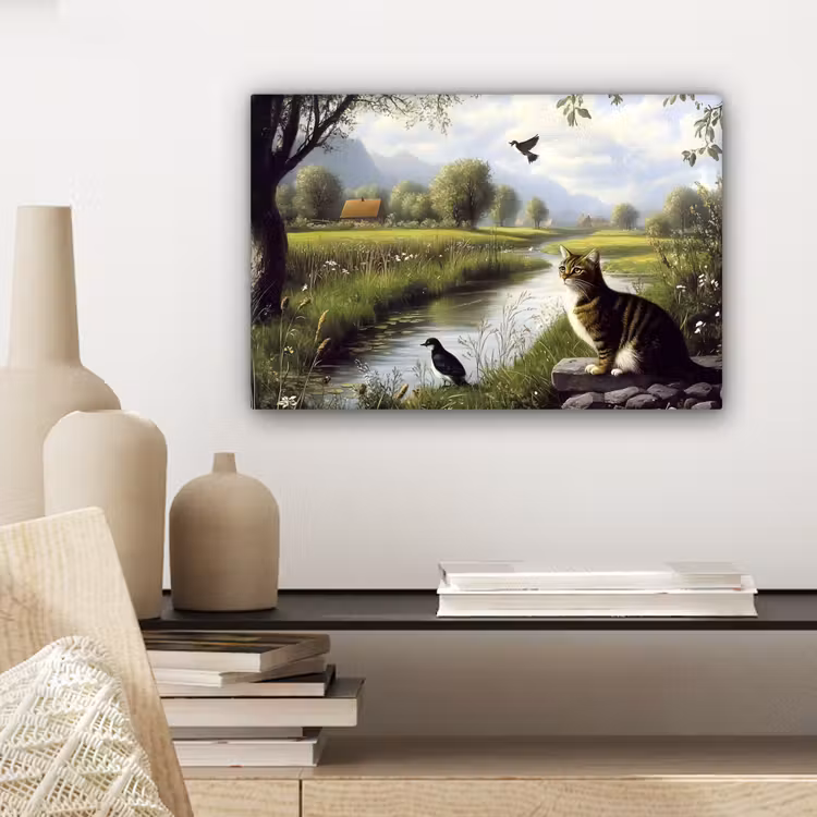 Canvas schilderij - Kat - Beekje - Weide — 5