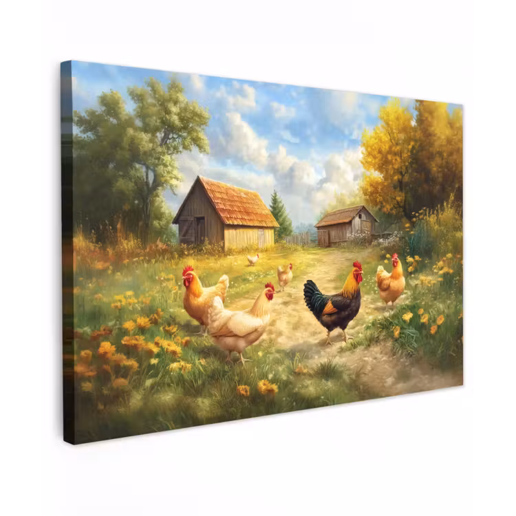 Canvas schilderij - Kippen - Landelijke rust - Natuur — 1