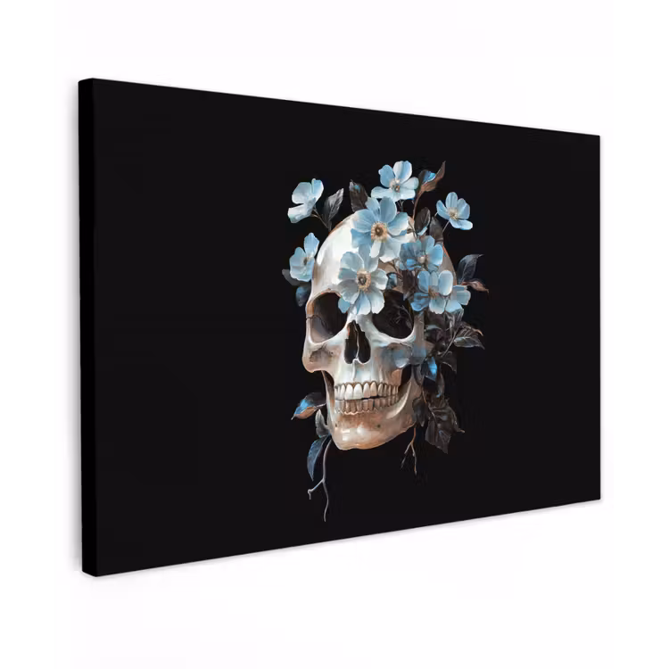Canvas schilderij - Schedel - Blauw - Bloemen - Bladeren — 1