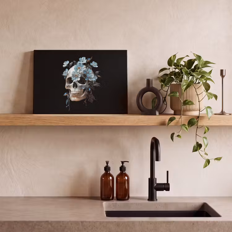 Canvas schilderij - Schedel - Blauw - Bloemen - Bladeren — 3