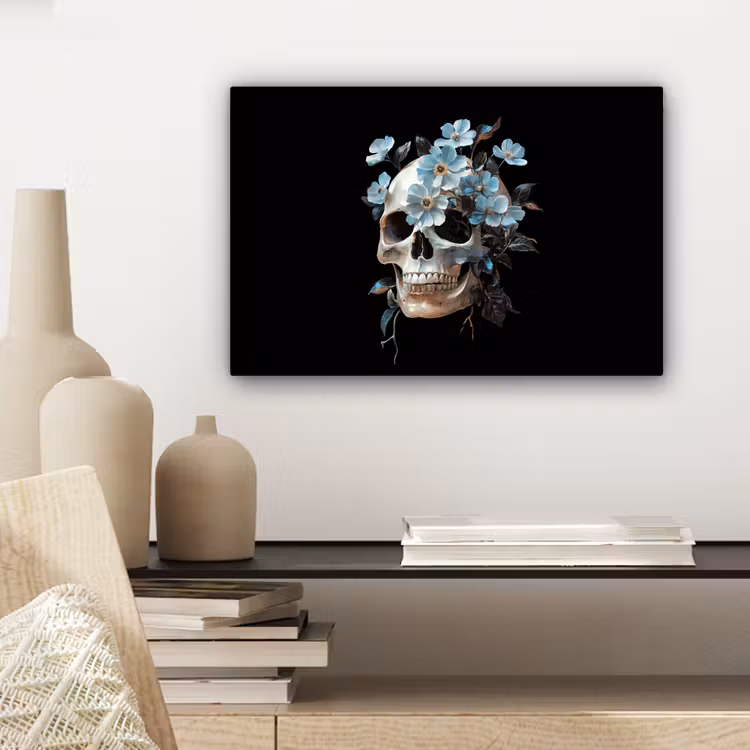 Canvas schilderij - Schedel - Blauw - Bloemen - Bladeren — 5