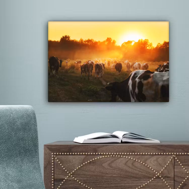 Canvas schilderij - Koeien - Zonsondergang - Weiland - Dieren — 4