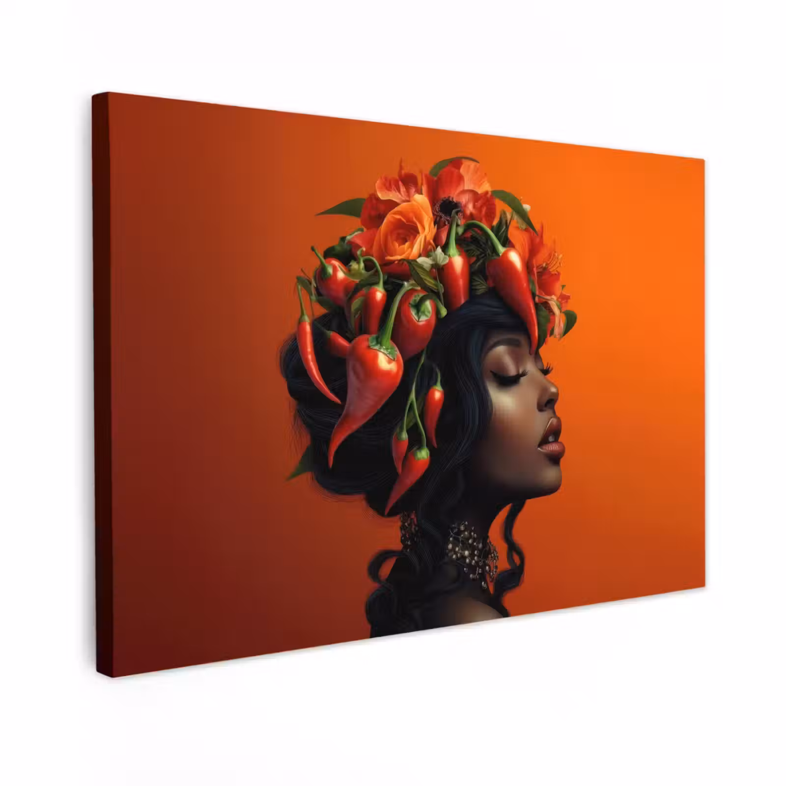 Canvas schilderij - Vrouw - Chilipepers - Pepers - Bloemen — 1