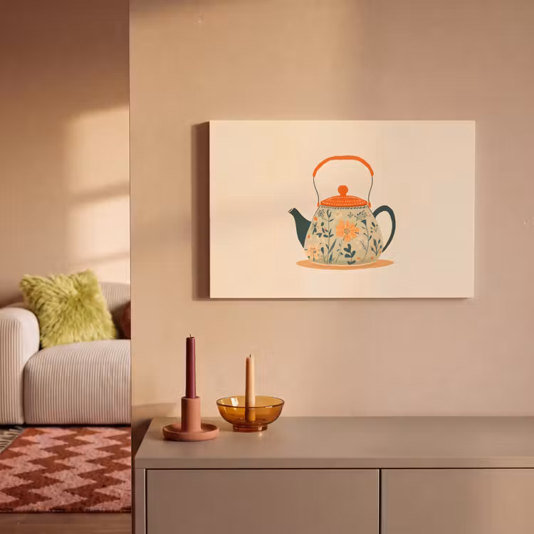 Canvas schilderij - Oranje - Theepot - Bloemen - Bladeren — 2