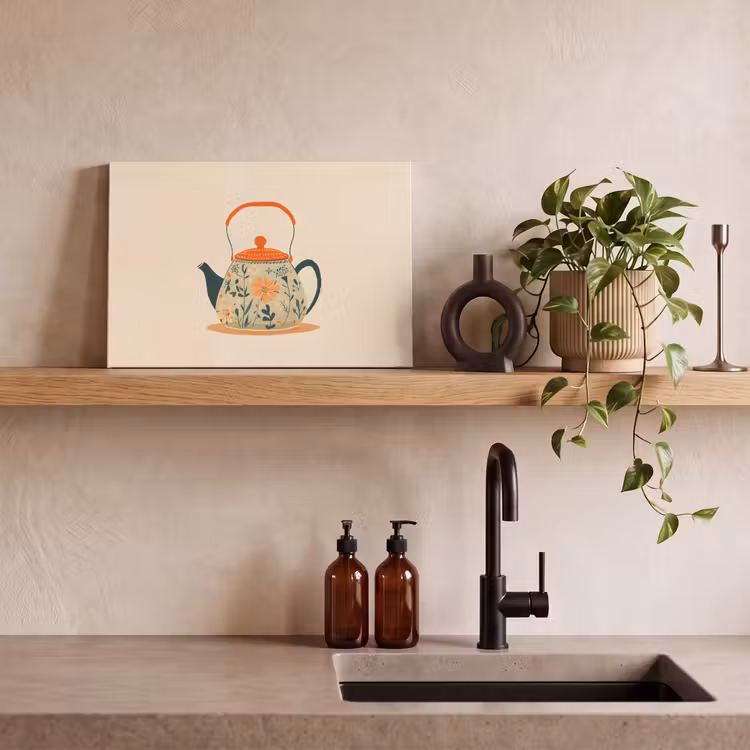 Canvas schilderij - Oranje - Theepot - Bloemen - Bladeren — 3