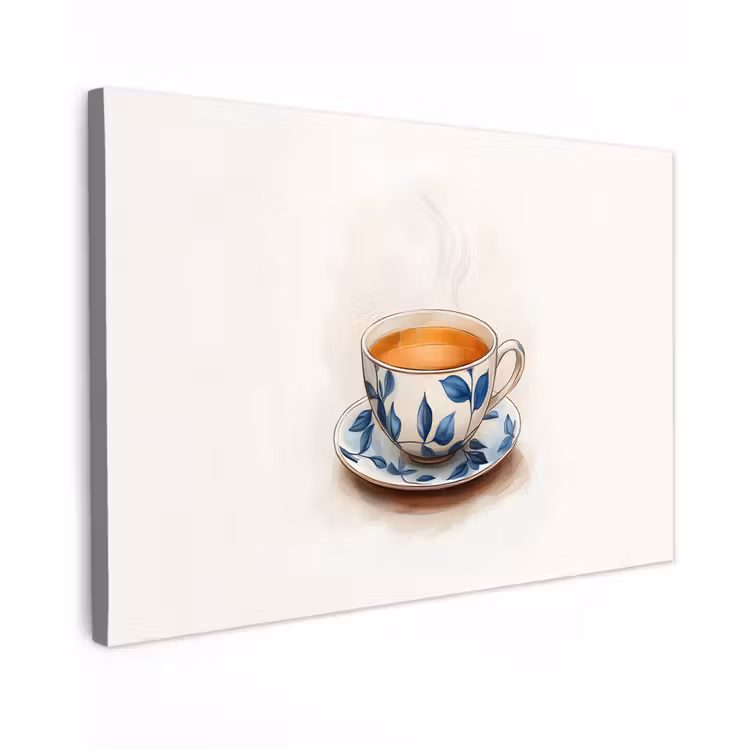 Canvas schilderij - Theekop - Bladeren - Blauw — 1