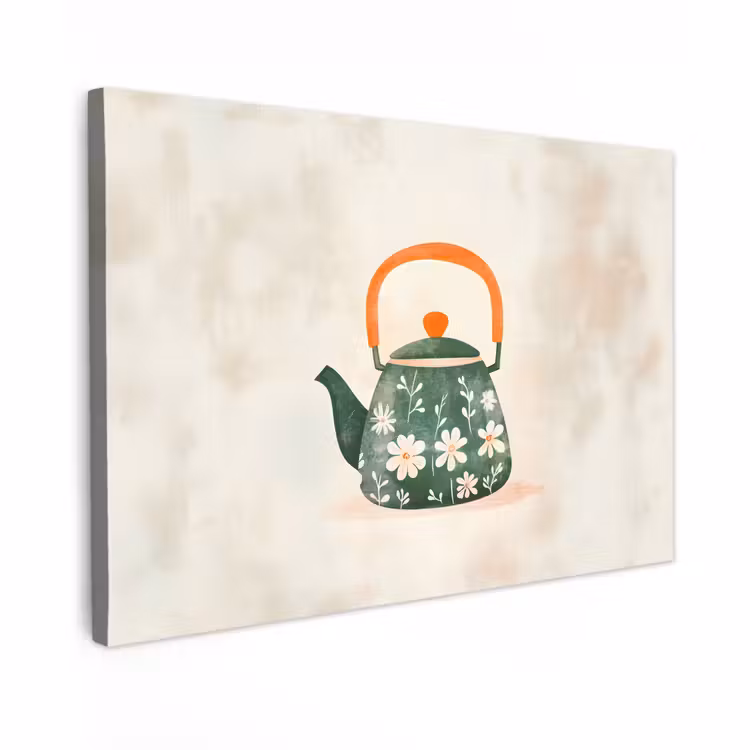 Canvas schilderij - Theepot - Groen - Bloemen - Oranje — 1