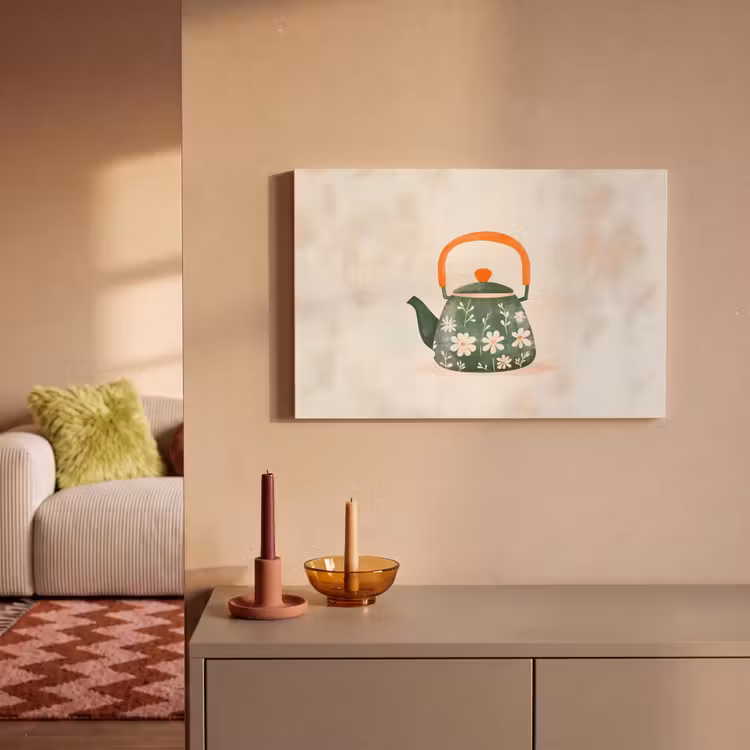 Canvas schilderij - Theepot - Groen - Bloemen - Oranje — 2