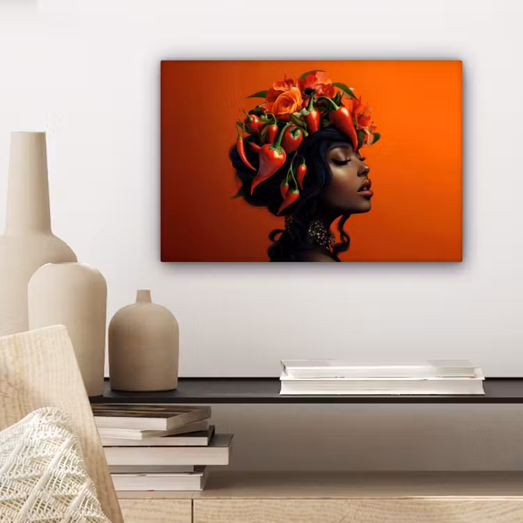 Canvas schilderij - Vrouw - Chilipepers - Pepers - Bloemen — 5