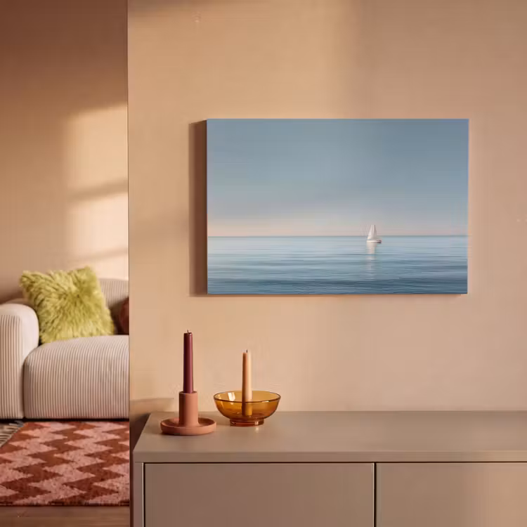 Canvas schilderij - Zeilbootje - Kalme zee - Helderblauwe hemel — 2