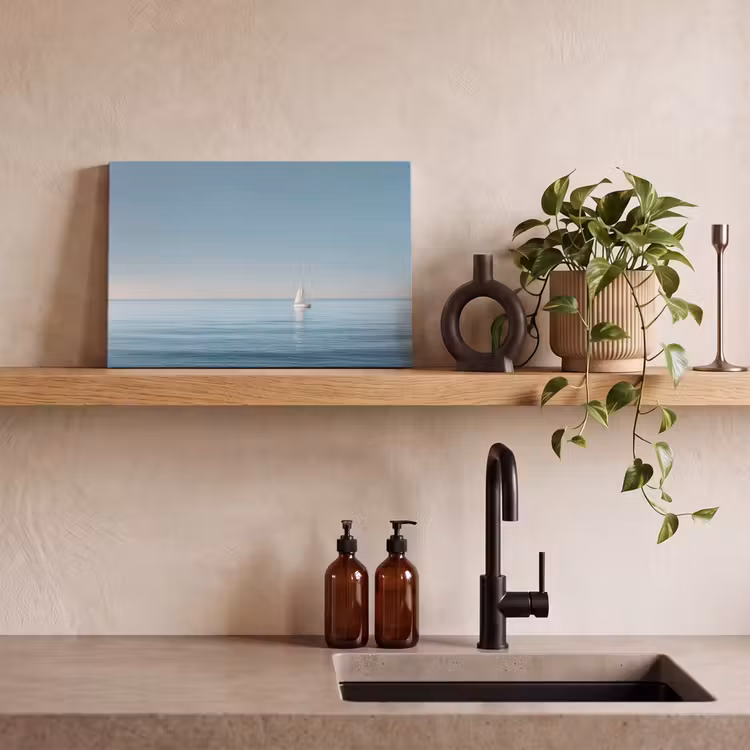 Canvas schilderij - Zeilbootje - Kalme zee - Helderblauwe hemel — 3