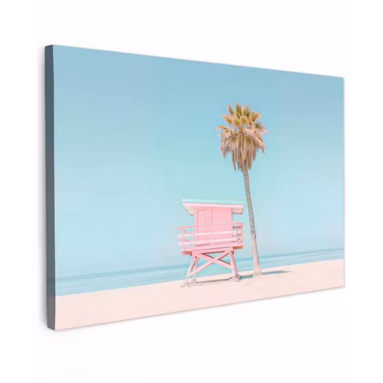 Canvas schilderij - Palmboom - Strandhuis - Roze — 1