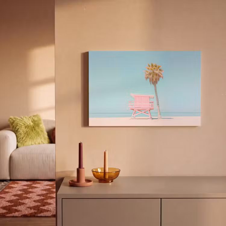 Canvas schilderij - Palmboom - Strandhuis - Roze — 2