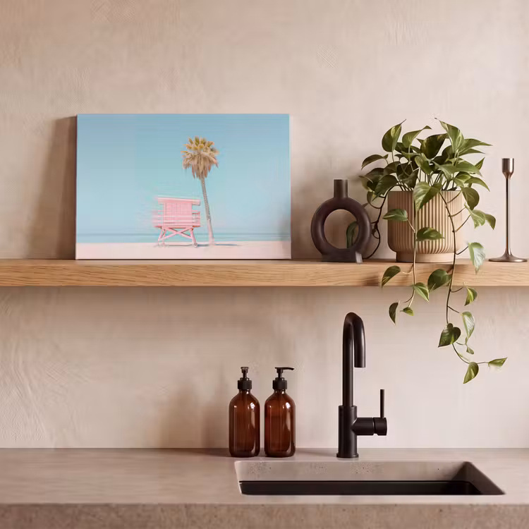 Canvas schilderij - Palmboom - Strandhuis - Roze — 3