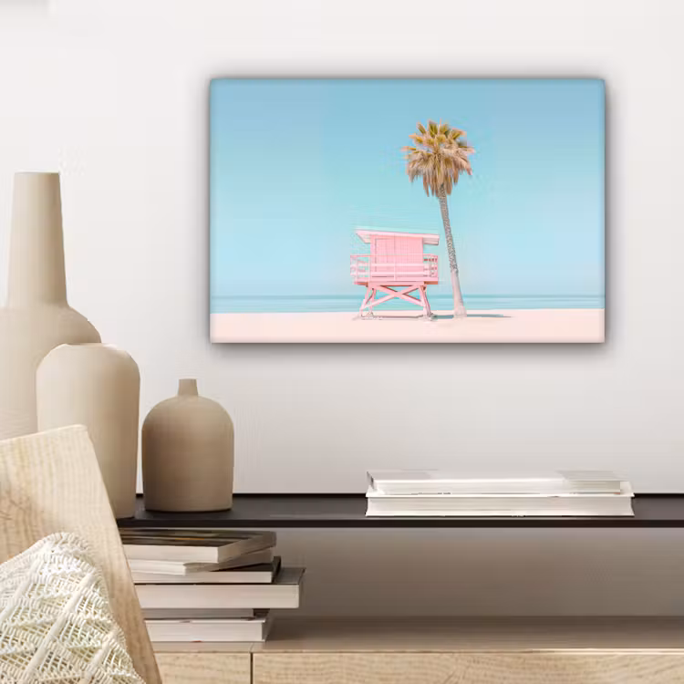 Canvas schilderij - Palmboom - Strandhuis - Roze — 5